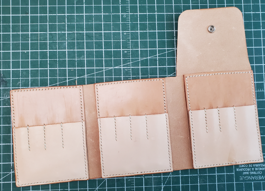 DIY tri-fold leather tool wallet completed, ready for use